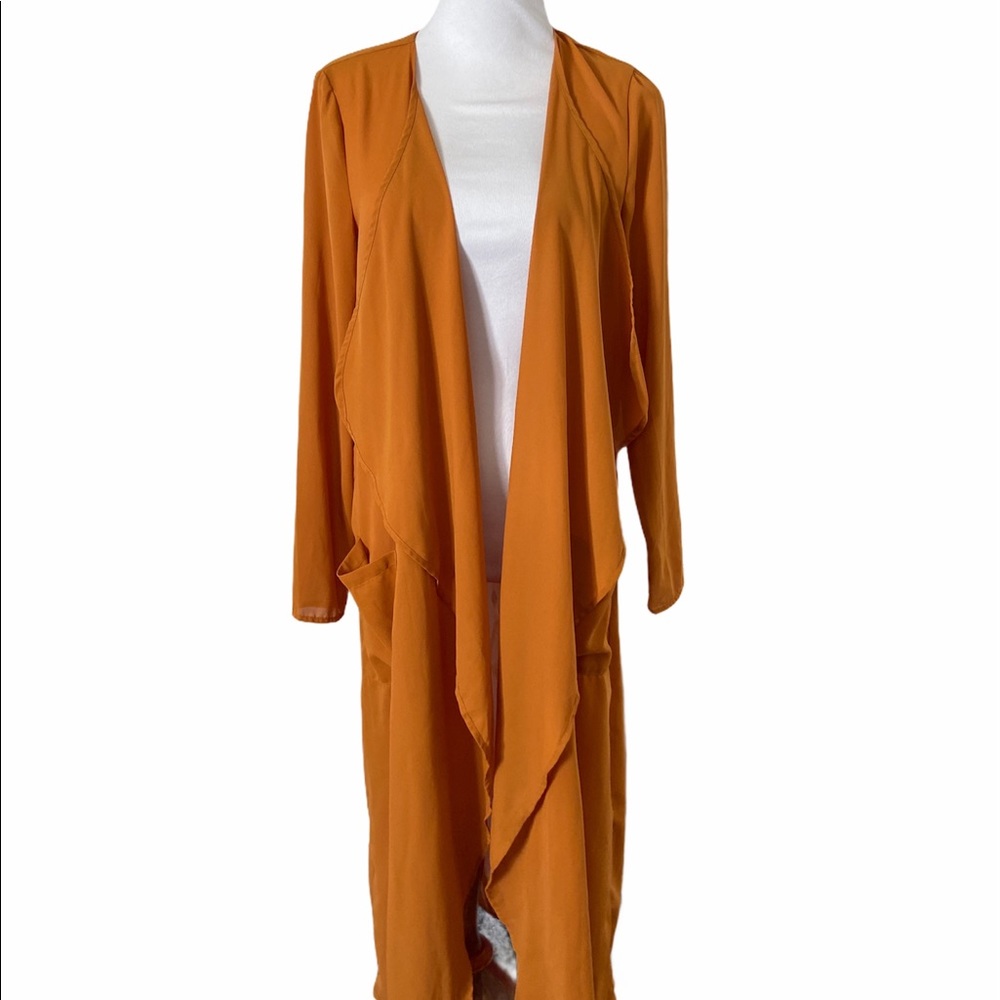 Long mustard yellow sheer long open jacket, Small
